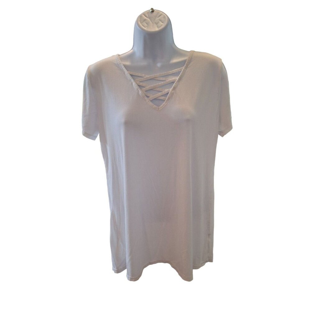 Ezbelle Womens Crisscross Top White Large Short Sleeve Lightweight Minimilist